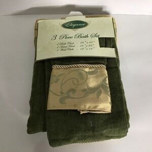 Elegance‎ Vintage 3 Pc Guest Bath Towel Set Green with Floral Accent 100% Cotton